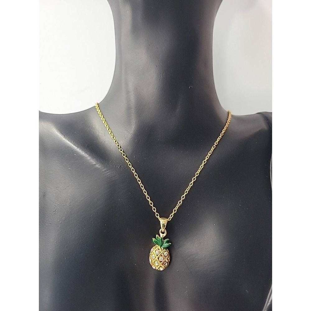 Vintage Gold Tone Pineapple Pendant Necklace Green Enamel AB Rhinestones Tropics